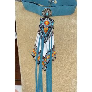 NATIVE STYLE Artisan Turquoise BEADED ETHNIC Suede NECKLACE CHOKER Fringe Boho